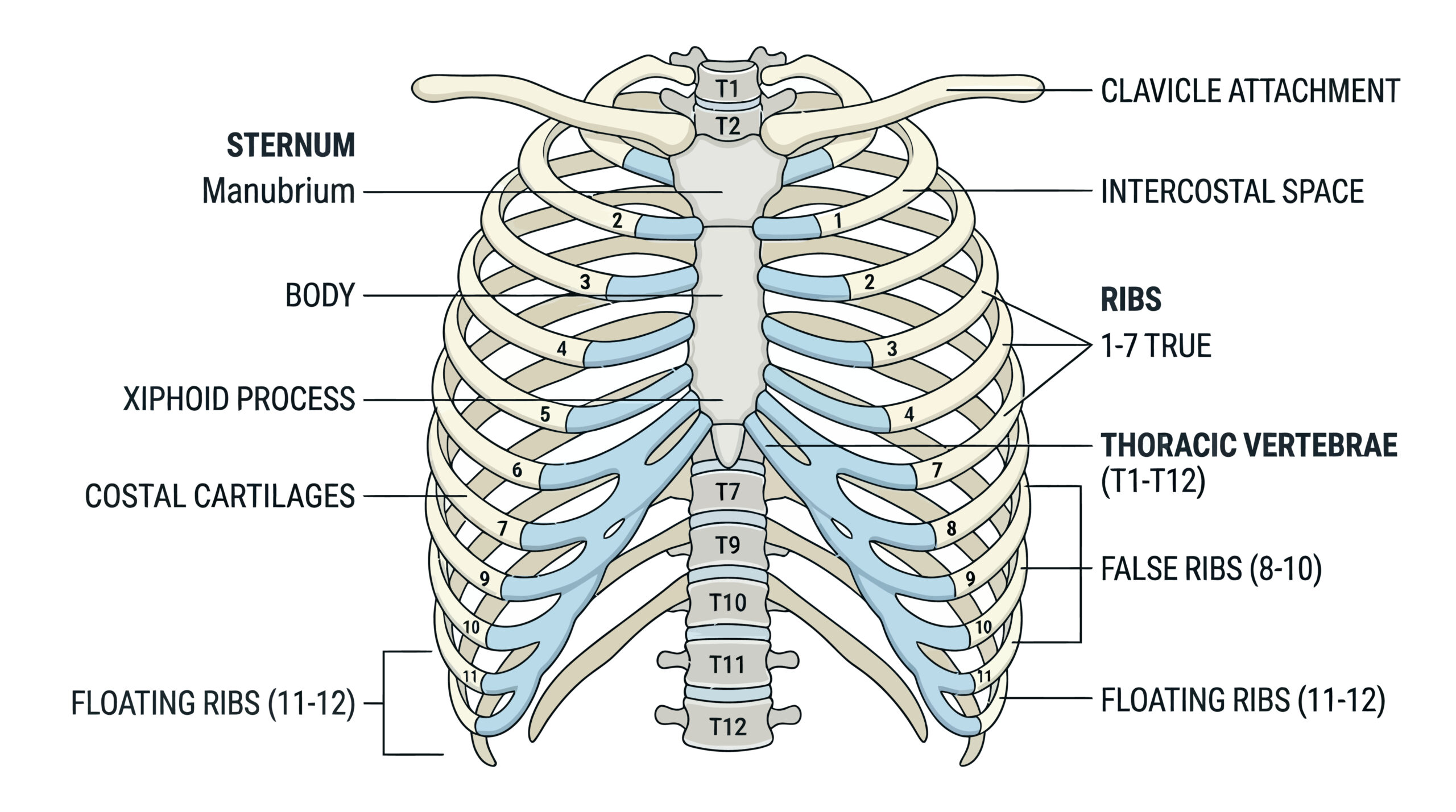 Anatomy of the thoracic spine and rib cage showing the thoracic vertebrae and ribs