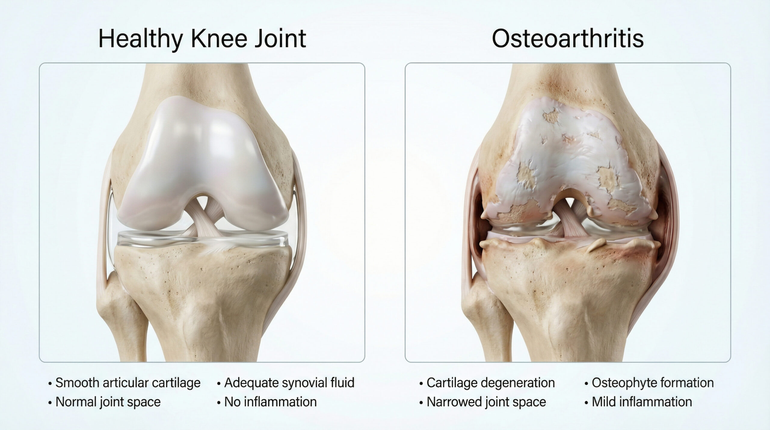 Medical illustration comparing a healthy knee joint with osteoarthritis, including cartilage loss, narrowing of the joint space, and changes in synovial fluid.