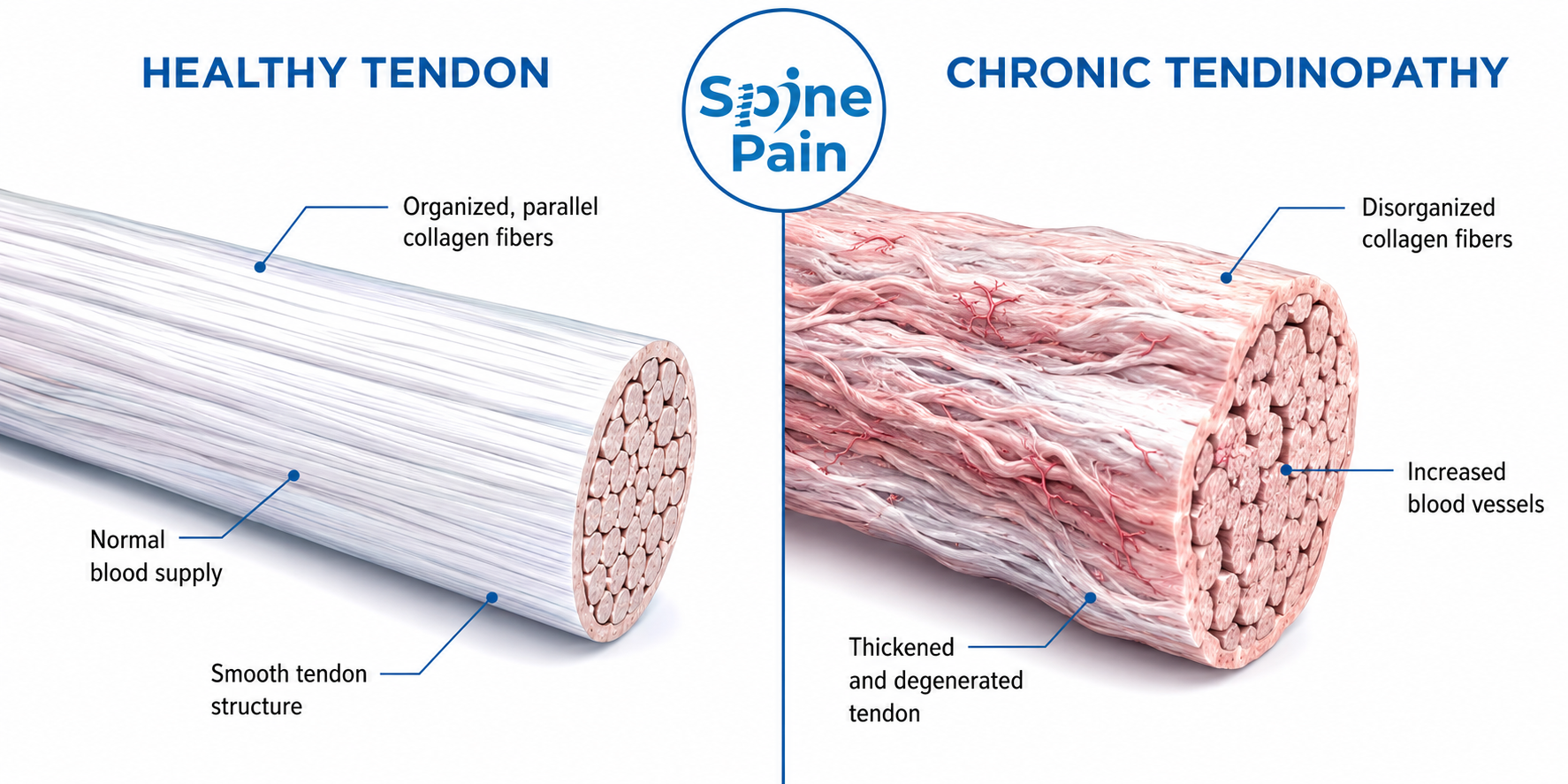 Medical illustration comparing a healthy tendon with chronic tendinopathy, showing organized collagen fibers versus thickened and disorganized tendon tissue.