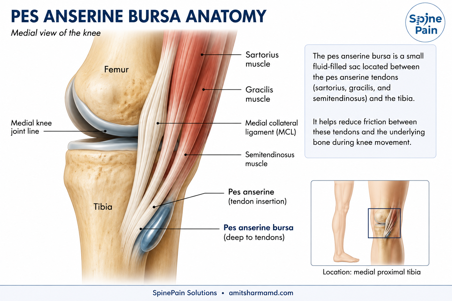 Medial knee anatomy showing the pes anserine bursa beneath the sartorius, gracilis, and semitendinosus tendons near the proximal medial tibia and medial collateral ligament.