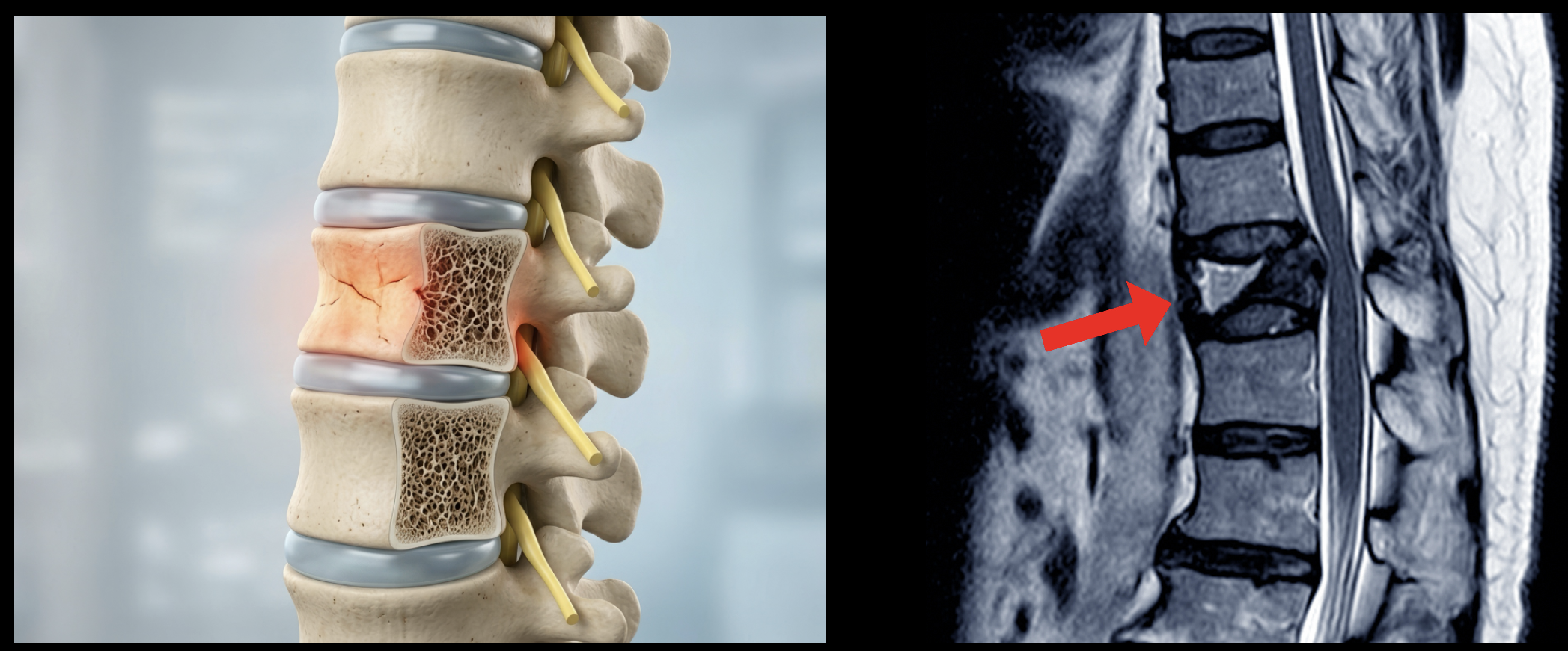 Thoracic vertebral compression fracture shown on anatomical illustration and MRI