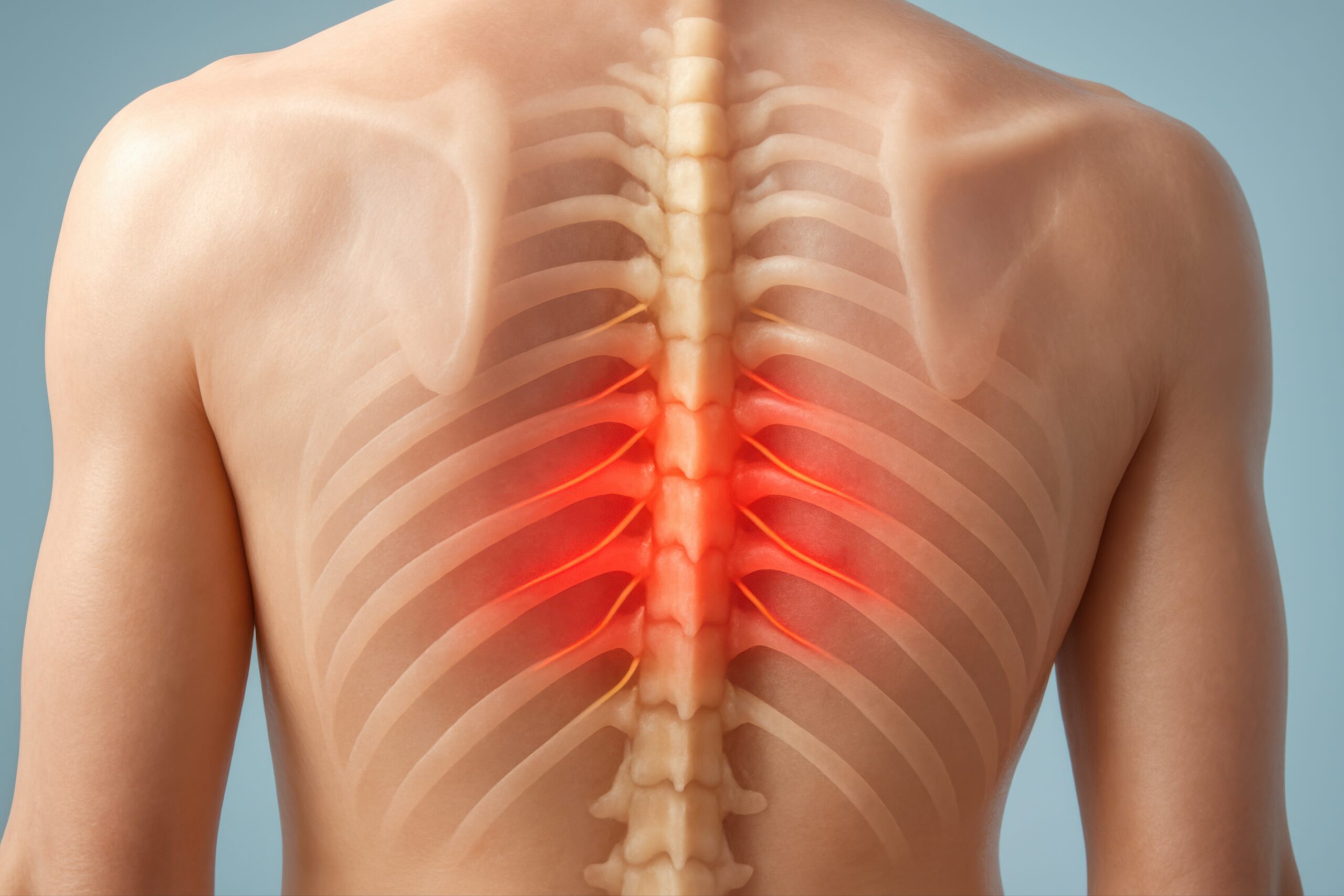 Thoracic radiculopathy showing thoracic nerves traveling from the spine around the rib cage
