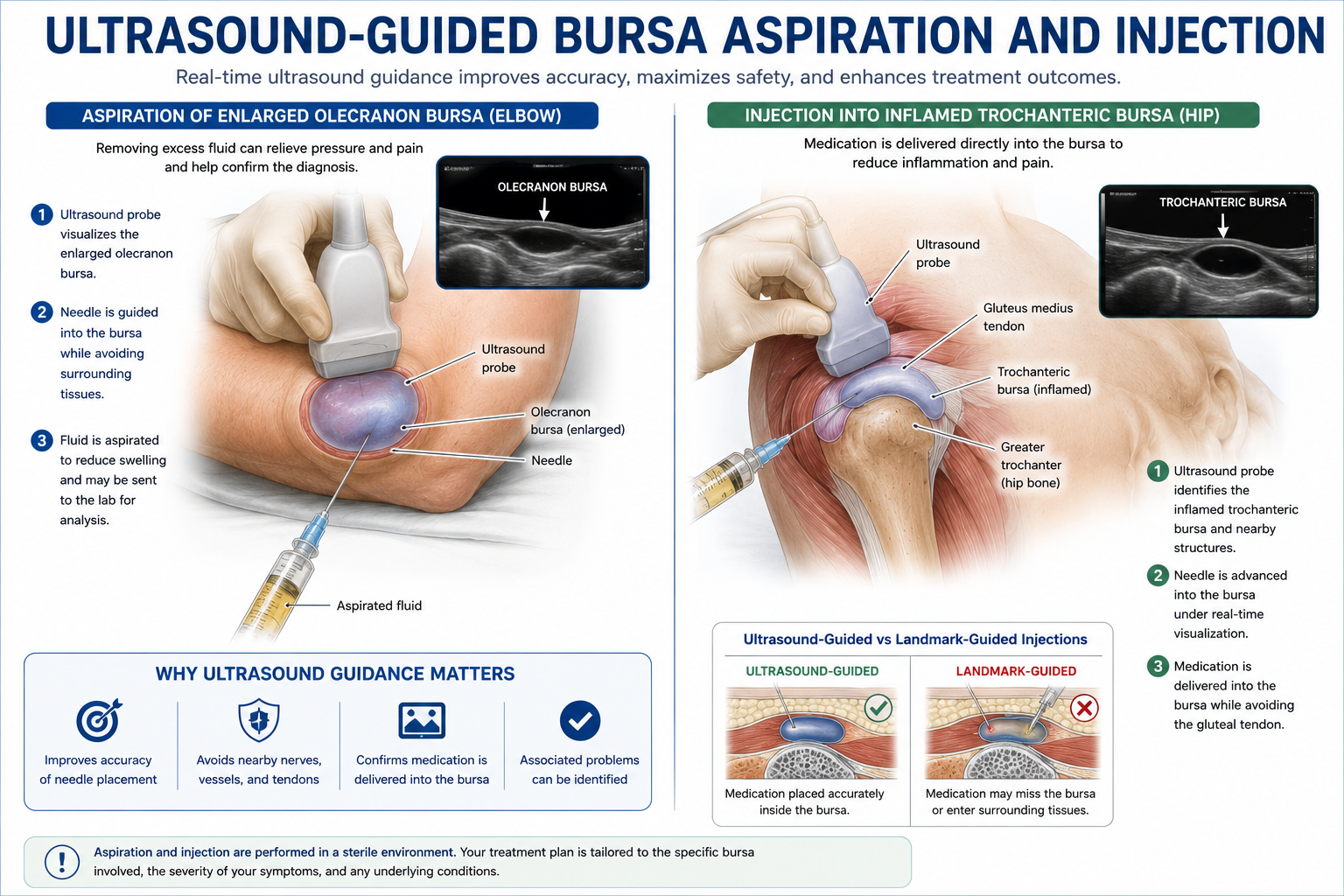 Educational infographic demonstrating ultrasound-guided bursa aspiration and injection. The illustration compares aspiration of an enlarged olecranon bursa with ultrasound-guided injection into an inflamed greater trochanteric bursa, highlighting accurate needle placement, real-time visualization, and improved procedural safety.