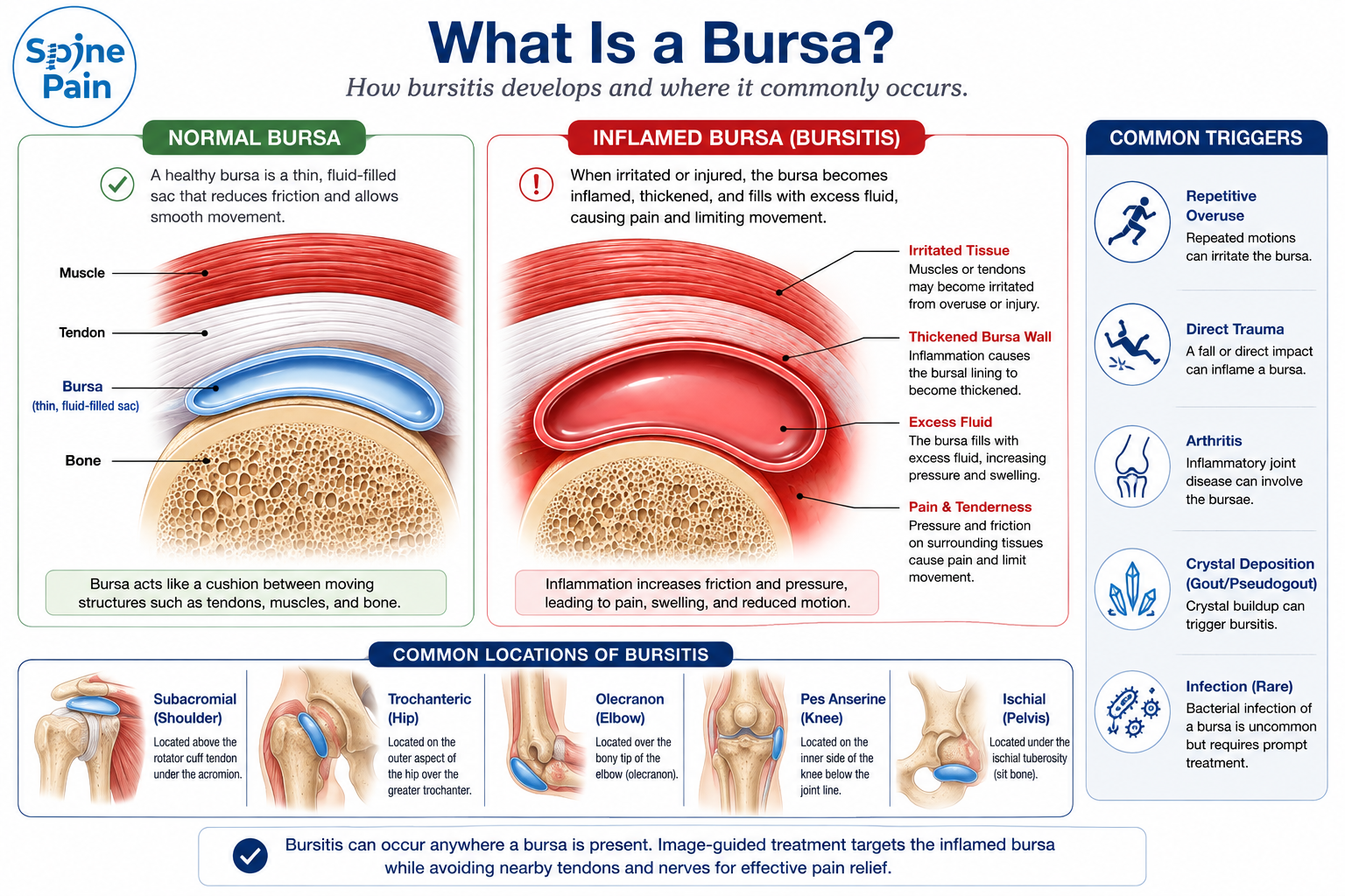 Educational illustration comparing a healthy bursa with an inflamed bursa (bursitis), showing normal anatomy, inflammation, common causes, and the most common locations of bursitis including the shoulder, hip, elbow, knee, and pelvis.